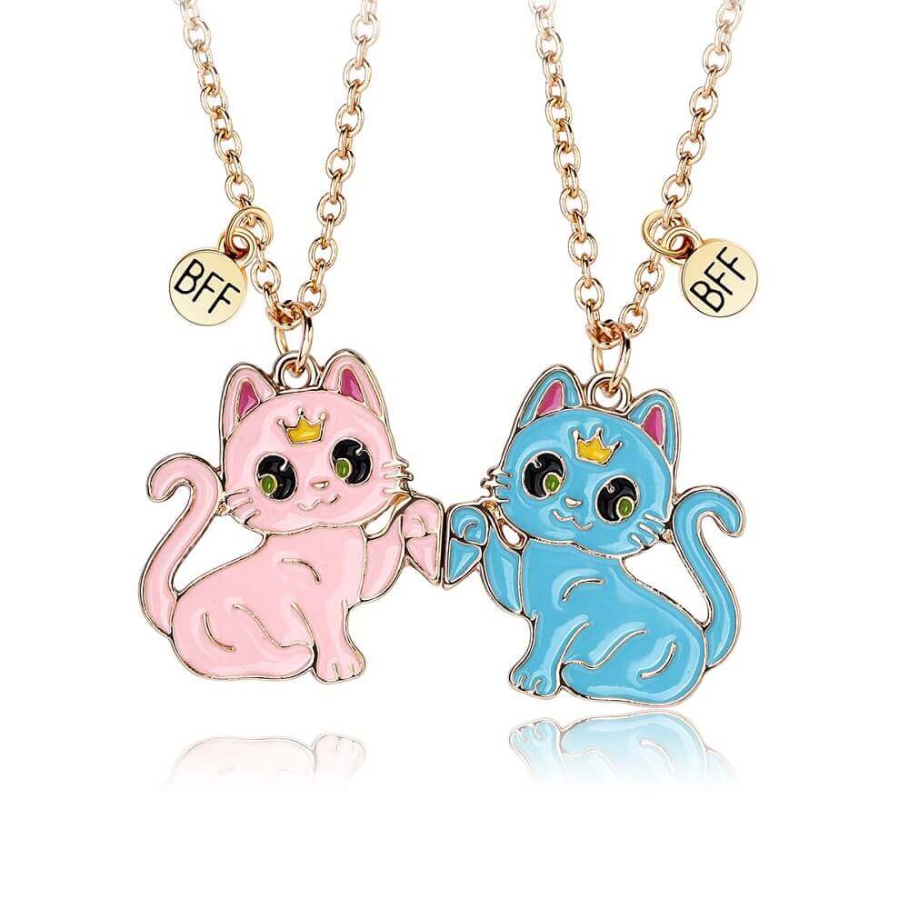 Cute Cartoon Magnetic Cat Necklace Set for Best Friends - 3 Color Options (BW, PB, PP)
