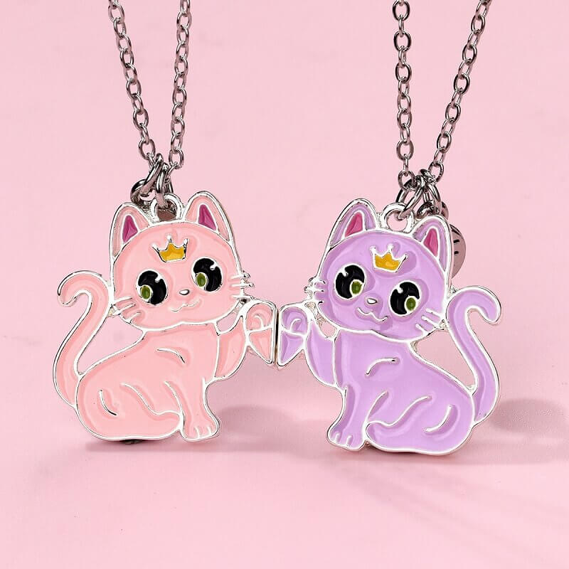 Cute Cartoon Magnetic Cat Necklace Set for Best Friends - 3 Color Options (BW, PB, PP)