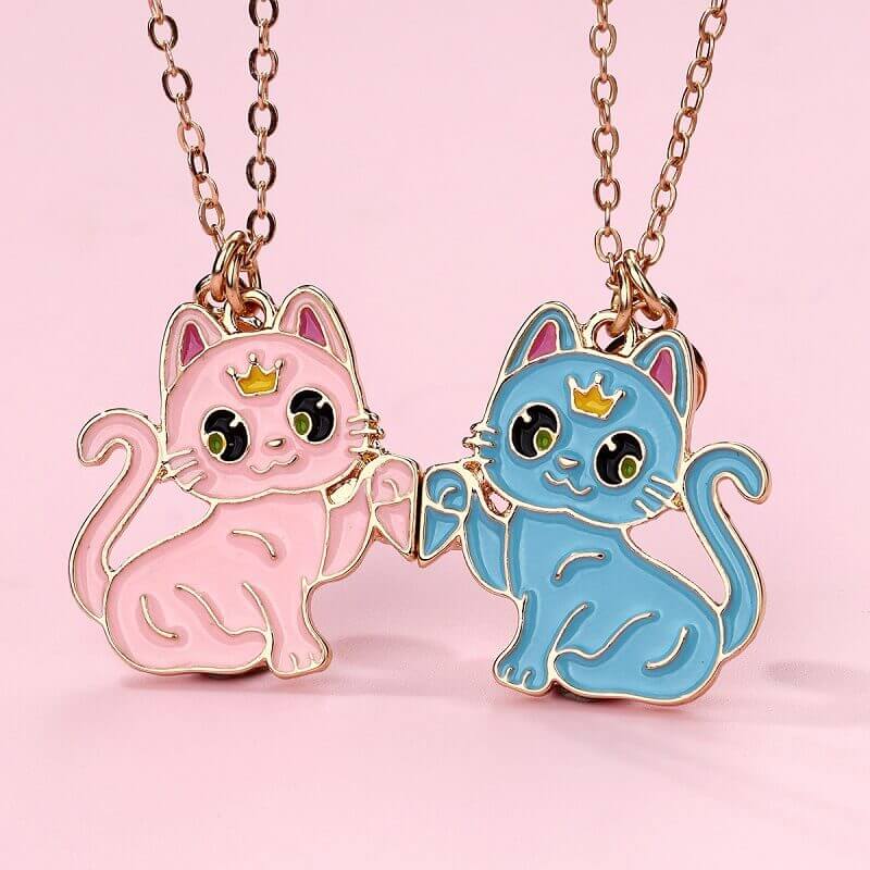 Cute Cartoon Magnetic Cat Necklace Set for Best Friends - 3 Color Options (BW, PB, PP)