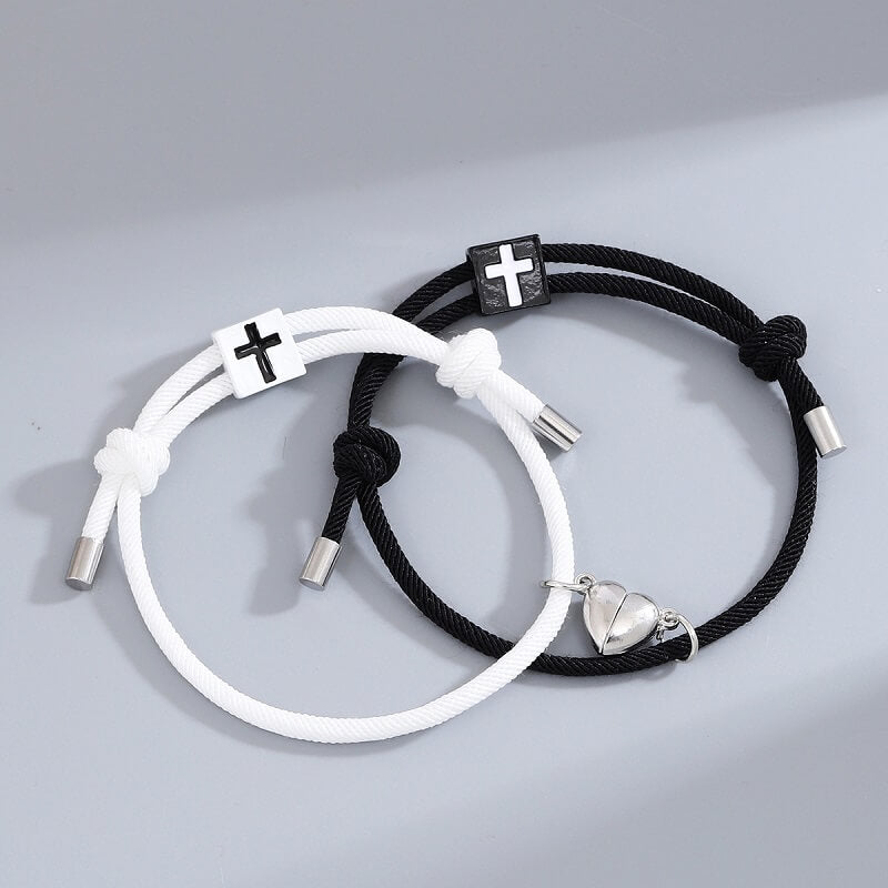 Heart Charm Magnetic Cross Couple Bracelet