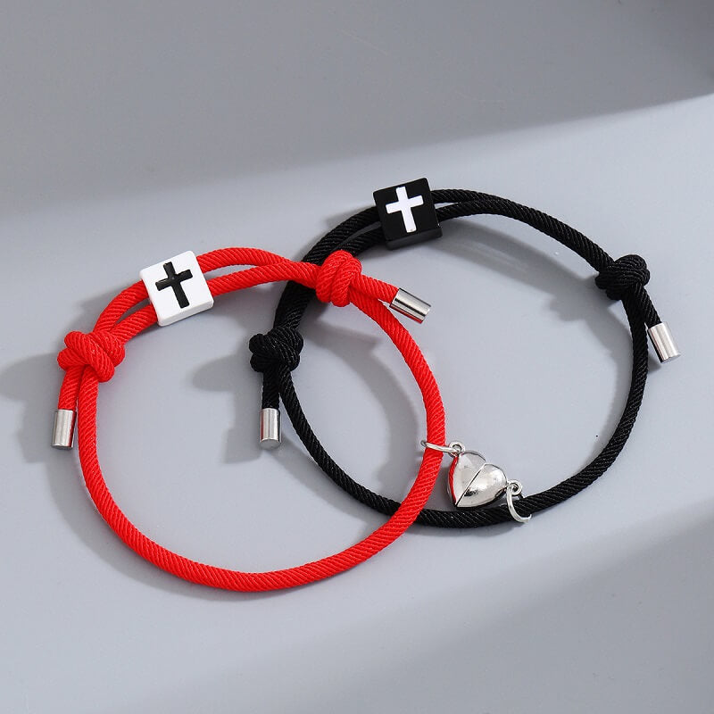 Heart Charm Magnetic Cross Couple Bracelet