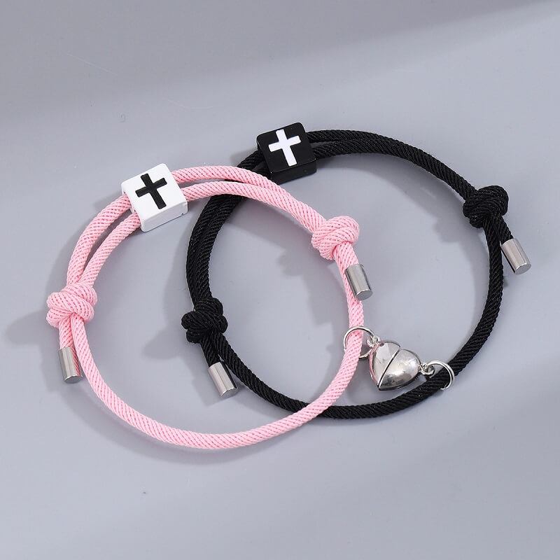Heart Charm Magnetic Cross Couple Bracelet