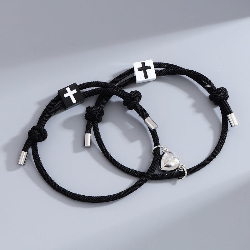 Heart Charm Magnetic Cross Couple Bracelet